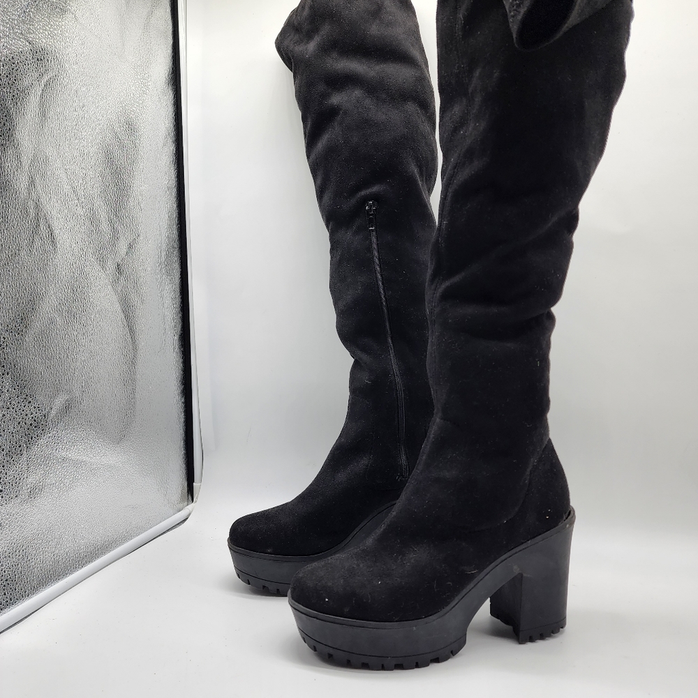 Aus 10 Black Thigh High Platform Faux Suede Boots - Picture 11 of 16